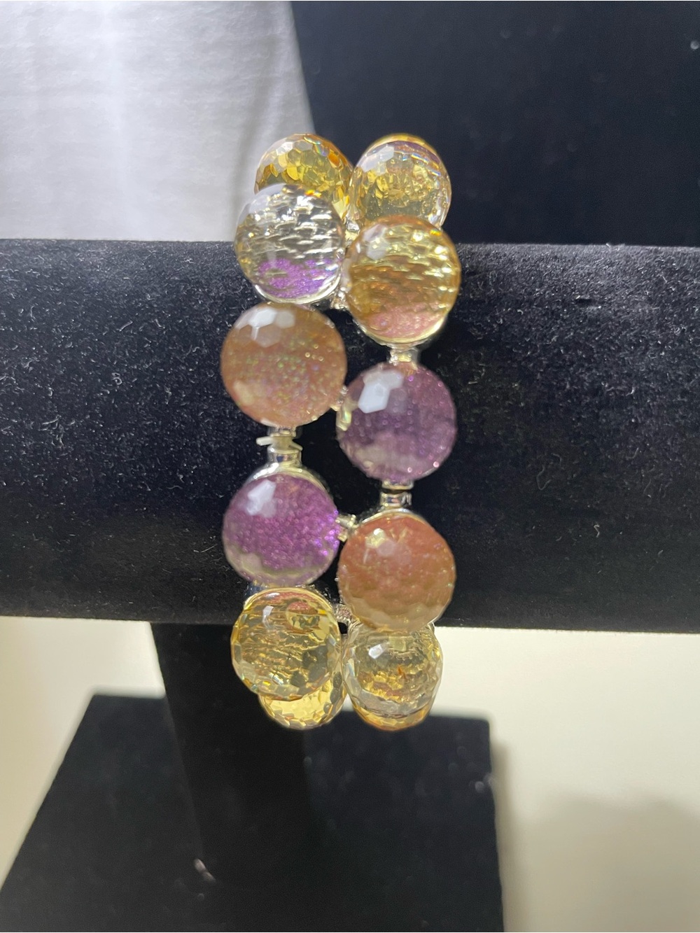 Iridescent Purple & Gold Beaded Stretch Bracelet - Unbranded